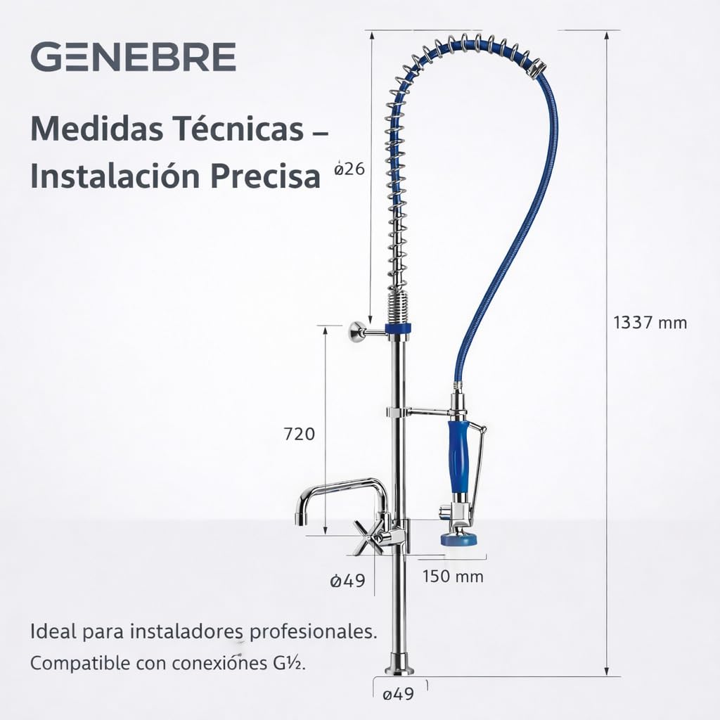 Genebre - Grifo Industrial 1704 04 | Columna de Prelavado Alta con Ducha Extraíble y Caño Giratorio | Cocina Profesional, Hostelería, Acero Inoxidable AISI 304, Montura Cerámica, Antical