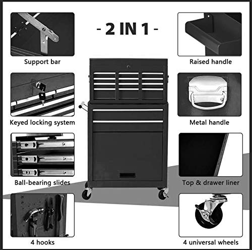 8-Drawer Rolling Tool Chest,Big Tool Chest and Tool Storage Cabinet,Tool Chest with 4 Wheels,Removable Portable Top Box with Lock Tool Chest for Garage and Warehouse, Christmas Gift(Black)