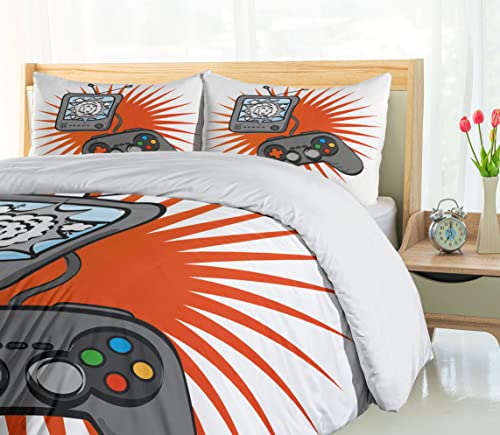 Lunarable Games Duvet Cover Set, Video Games Themed Design In Retro Style Gamepad Console Entertainment, Decorative 2 Piece Bedding Set With 1 Pillow Sham, Twin Size, Orange White #TOP3