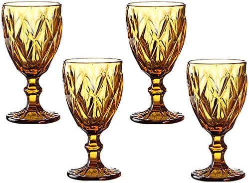 Taganov Red Wine Glasses Set of 3 or Set of 4 Wedding Party Colored Glass Goblets 10 Ounce Embossed Design Glassware (Amber set of 4)