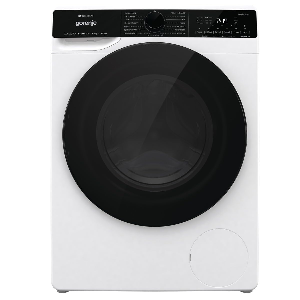 Gorenje WPNA 84 ATSWIFI3 Waschmaschine, 8 kg, WiFi, EEK A, Made in Europe, Inverter PowerDrive Motor, 1400 U/min, 15 Programme, AquaStop, SteamTech, Schnellprogramm, weiß