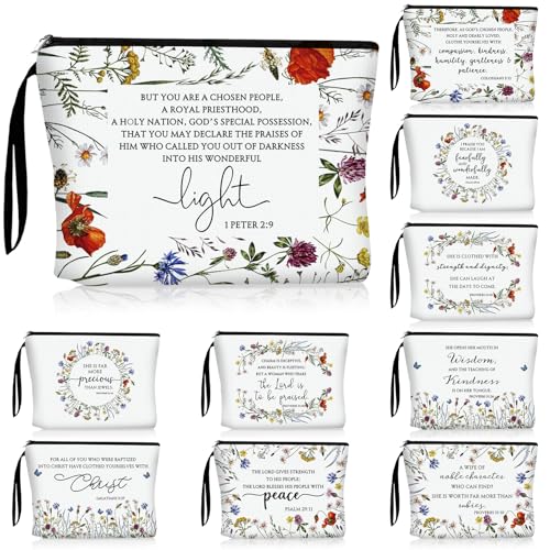Talltalk 10 Pcs Christian Makeup Bags 10 Styles Bible Cosmetic Bags Bulk Bible Cover Floral Makeup Bag with Handle Inspirational Christian Religious Gifts for Women Godmother Church VBS Gifts
