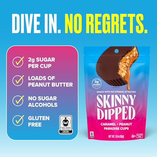 Image of SkinnyDipped Caramel Peanut Paradise Cups, 3.2oz Bags | 4 Pack | Rich Dark Chocolate, Creamy Peanut Butter & Caramel Filled | Individually Wrapped | Low Sugar | Gluten Free