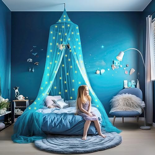 Image of Blue Canopy for Girls Bed with Pre-Glued Glow in The Dark Stars - Princess Mosquito Net Room Decor - Kids & Baby Bedroom Tent with Galaxy Lights - 1 Opening Canopy Bed & Hanging Kit Included