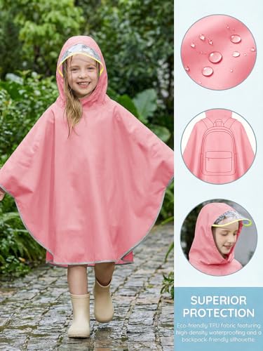 Image of Haloumoning Kids Hooded Rain Poncho Girls Waterproof Lightweight Reusable Raincoat Jacket 4-14 Years