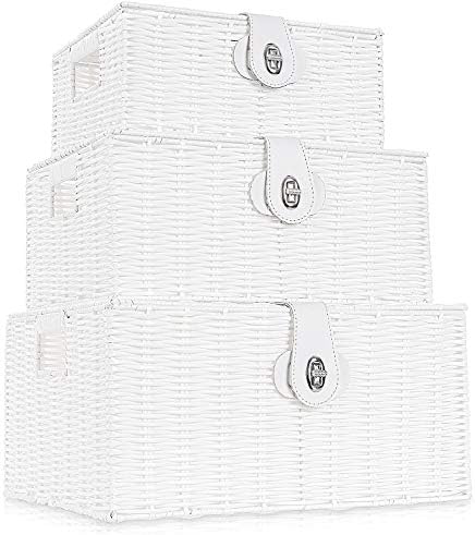 Set of 3 Woven Wicker Storage Basket Box with Lids & Lock, Built-...