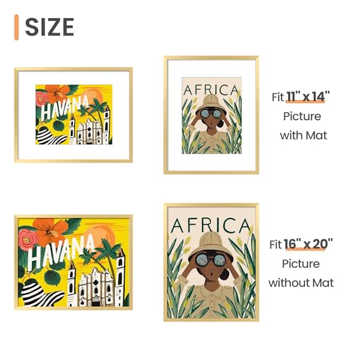 Image of upsimples 16x20 Picture Frame, Display Pictures 11x14 with Mat or 16 x 20 Without, Wall Hanging Poster Frame, Gold, 1 Pack