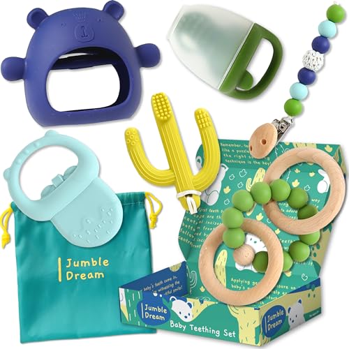 Image of Baby Teething Essentials Kit - BPA-Free Baby Gift Teething Toys for 0-12 Months+ - Includes Fruit Feeder, Cooling Teether, Brush, and More - Easy-to-Hold, & Safe - Ideal Baby Gift (Green & Dark Blue)