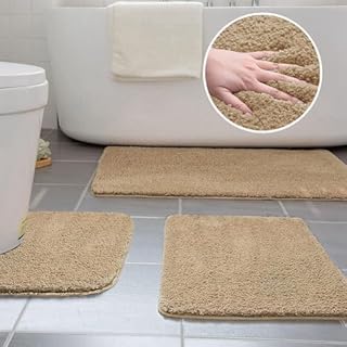 Ceneco Bath Mat Sets 3 Piece Non-slip Microfiber Bathroom Washable Water Absorbent Toilet Mat, Extra Soft Bath Rug, Bathtub Rug(Beige50 * 80+50 * 60+U40*50 cm)