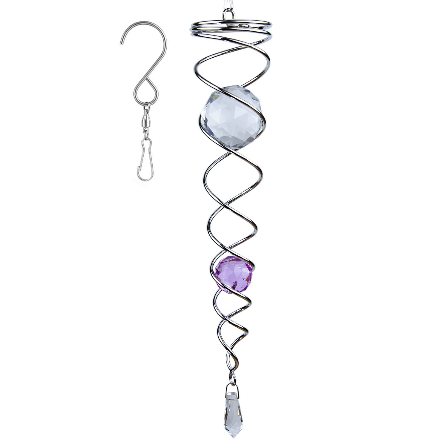 12 inch Gazing Ball Spiral Tail, Prefdo Stainless Steel Wind Spinner Stabilizer with 2 Glass Balls Prism and Hanging Swivel Hook for Outdoor Yard Garden Decoration(Purple)