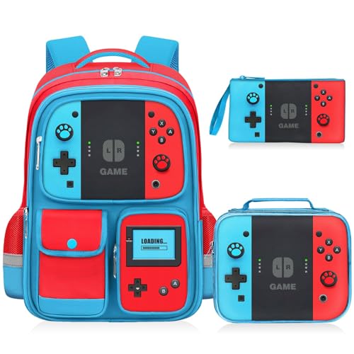 TILYTADLY Mochila escolar para meninos – Mochila gamer para crianças, ensino fundamental, ensino fundamental – 43,3 cm, bolsa para livros de videogame, Conjunto de mochila vermelha e azul, Moderno