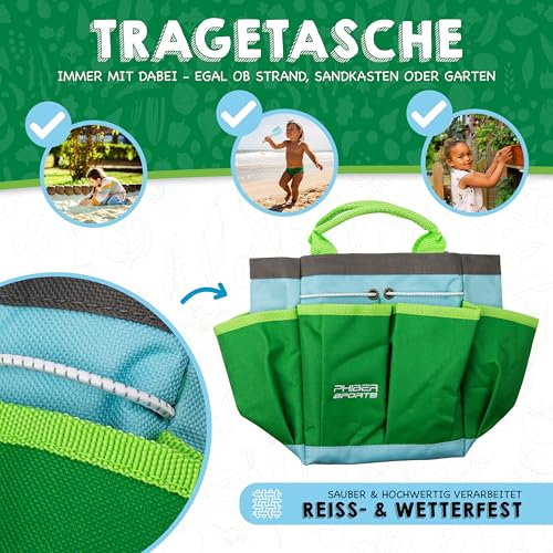 PHIBER-SPORTS Kinder Gartenwerkzeug Set (11 Teile) mit Kindergartenbuch - Gartengeräte für Kinder ab 3 Jahre, auch für Sand und Strand - Garten Werkzeug aus Metall, Gießkanne, Gartenhandschuhe, Tasche