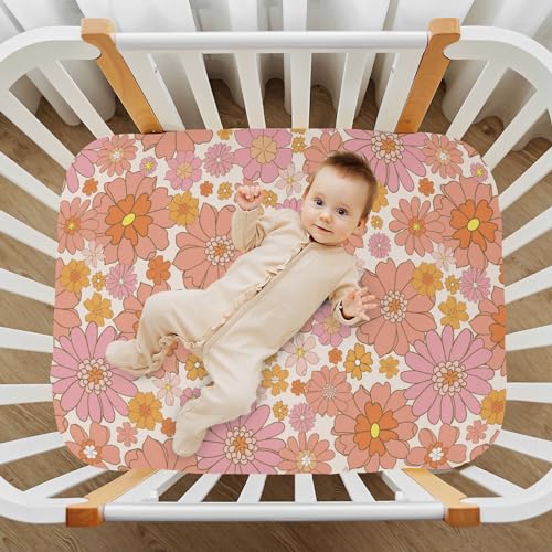 Image of CaTaKu Mini Crib Sheets Fitted for Girls Boys Retro Orange Flower Baby Crib Sheets, Neutral Mattress Sheets Nursery Toddler Bed Sheets 28 inchx 52 inch