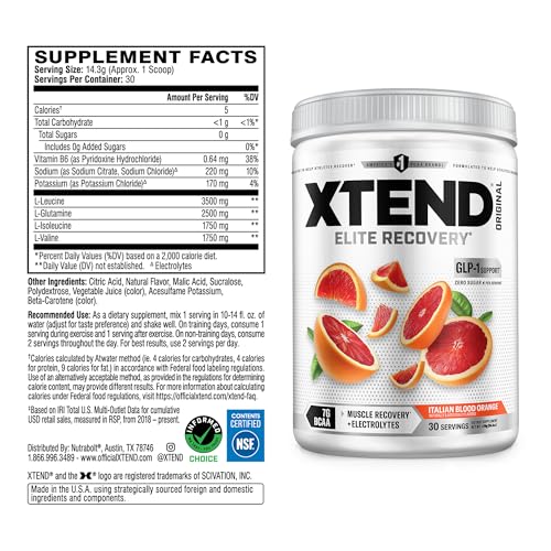 Image of Xtend Original BCAA Powder, 7g BCAAs and 2.5g L-Glutamine for Muscle Recovery Hydration and Lean Muscle, Sugar Free Intra and Post Workout Drink with Electrolytes, Italian Blood Orange, 30 Servings