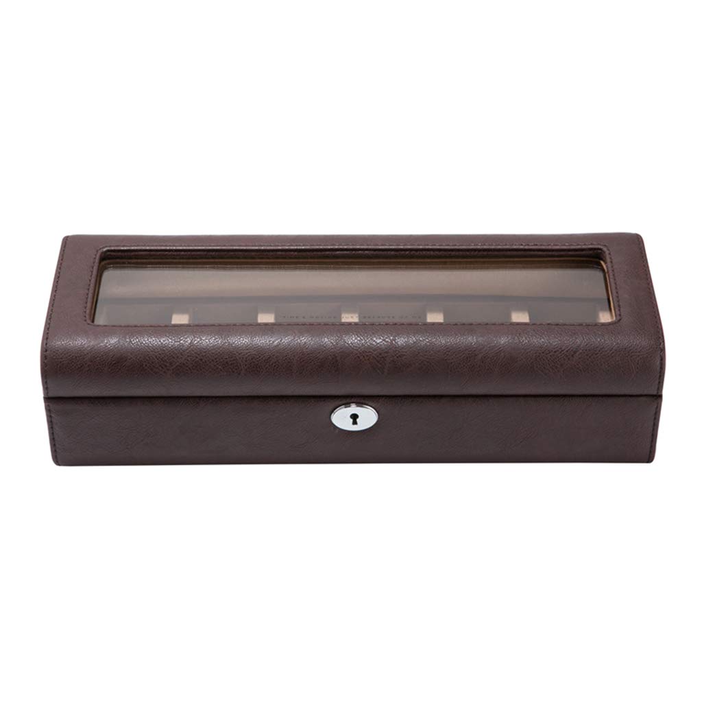 ANVLOJRIH 6-Slot Watch Display Storage Box Faux Leather Soft Flocking Lining Interior with 6 Pillow Lockable Metal Buckle Closure Showcase Organiser with Glass Top