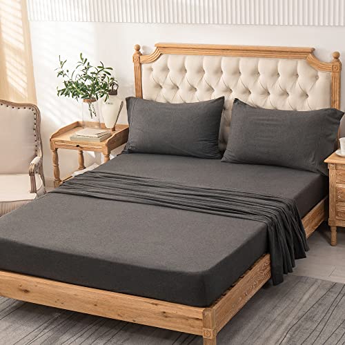 PURE ERA Jersey Knit 4pc Bed Sheet Set 100% T-Shirt Heather Cotton Super Soft Comfy Breathable Fits Mattress Up to 20" Extra Deep Pocket (Charcoal Dark Grey, Cal King)