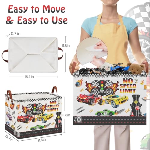 Image of Race Car Storage Basket for Boys, 36L Waterproof Toy Clothes Storage Bin with Speed Limit Sign, Car Themed Room Decor for Nursery, Bedroom, Bathroom, Checkered Design Kids Laundry Hamper