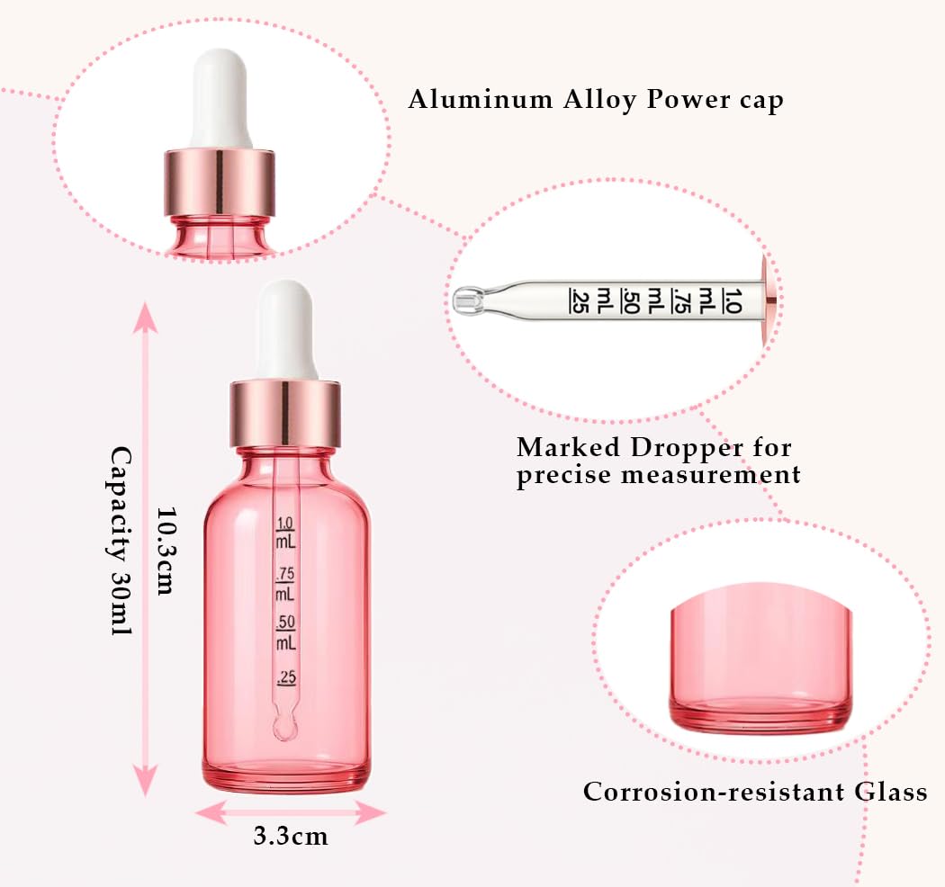 Frascos con Cuentagotas 30ml Pack 24 Botellas Rosa para Tinturas Aceites Esenciales Antigoteo