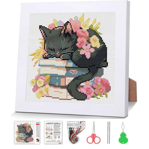 Black Cat Cross Stitch Kits For Beginner Flowers Stamped Cross Stitch Kits Crafts For Adults with Wooden Framed Embroidery Kit For Beginners Partial 11CT Cross Stitch For Kids Home Decor 7.9x7.9inch