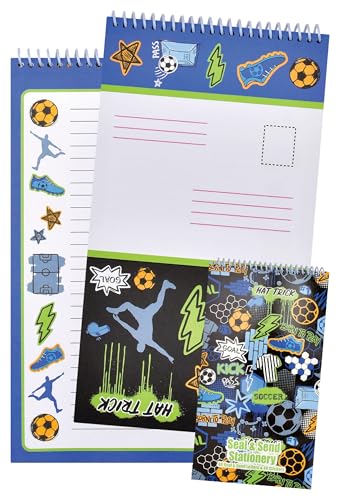 Image of iscream + Corey Paige Designs Fold and Send Boys Stationery - Born to Play | 40 Pack, Fun Print, Spiral Bound, Large 10.5 inch x 5.75 inch Cards, Coordinating Sticker Sheets, Fold and Send, Summer Camp Ready