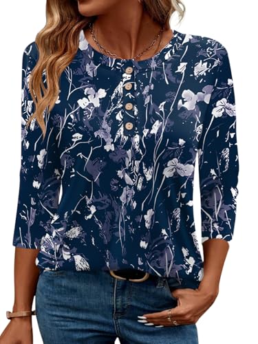LOMON 3/4 Length Sleeve Womens Tops Crewneck Tunic Shirts W-Flowers XL