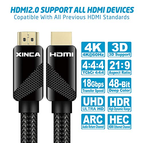 HDMI Cable 15ft 4K 3D 60HZ and ARC(Audio Return Channel),18Gbps Nylon Mesh Outer Layer Braided Cord Male to Male Cable - XINCA
