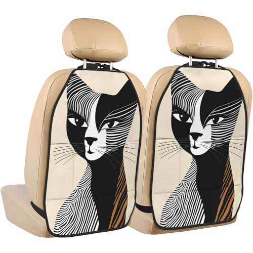 Black and White Cat Line Art Car Seat Back Kick Protectors,2 Pack Kick Mats with Storage Pockets for Vehicles to Protect from Dirt Mud Scratches