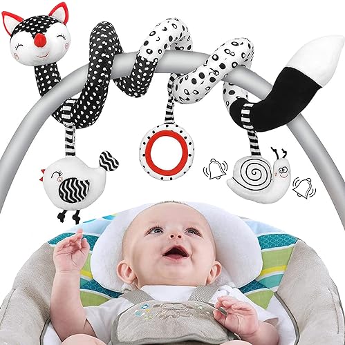 Car Seat Toys for Babies 0-6 Months: High Contrast Black and White Newborn Stroller Toy 0-3 Month Infant Crib Carseat Bassinet Spiral Hanging Toys with Sensory Rattle, Baby Boys Girls Shower Gifts