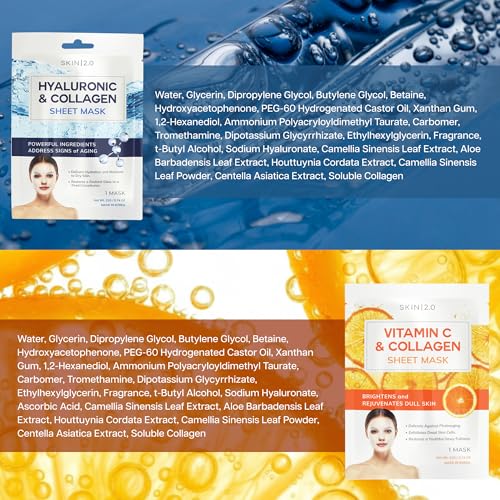 Image of Skin 2.0 Vitamin C & Hyaluronic Acid Face Mask with Collagen - Dermatologist Tested, Korean Skin Care - Ultra Hydrating & Firming Sheet for Smoother-Looking Skin - Vegan, Clean Beauty - 10 Count