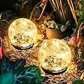 PATIOPIA Solar Lights Outdoor for Yard Patio Porch, Garden Decor Birthday Gifts for Mom Women, Solar Globe Lights Waterproof Cracked Glass Ball Outdoor Decorations Balcony Backyard (2 Pack Warm White)