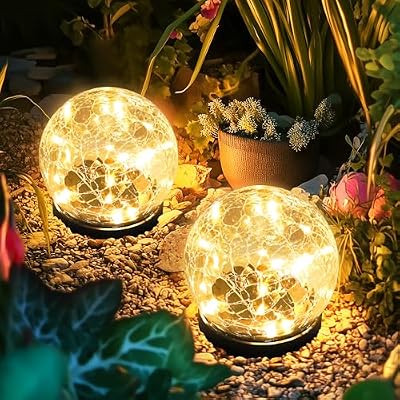 PATIOPIA Solar Lights Outdoor for Yard Patio Porch, Garden Decor Birthday Gifts for Mom Women, Solar Globe Lights Waterproof Cracked Glass Ball Outdoor Decorations Balcony Backyard (2 Pack Warm White)