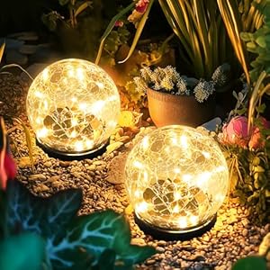 Solar Lights Outdoor for Garden Patio Porch, Christmas Decor Birthday Gifts for Mom Women, Solar Globe Lights Waterproof Cracked Glass Outdoor Decorations Balcony Backyard (2 Pack Warm White)