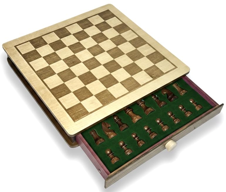 Image of PALM ROYAL HANDICRAFTS 11.5 x 11.5 inches - Engraved Series - Non- Magnetic - Wooden Chess Board Set with Storage Drawers Made with Teak & Maple Veneer Wood.