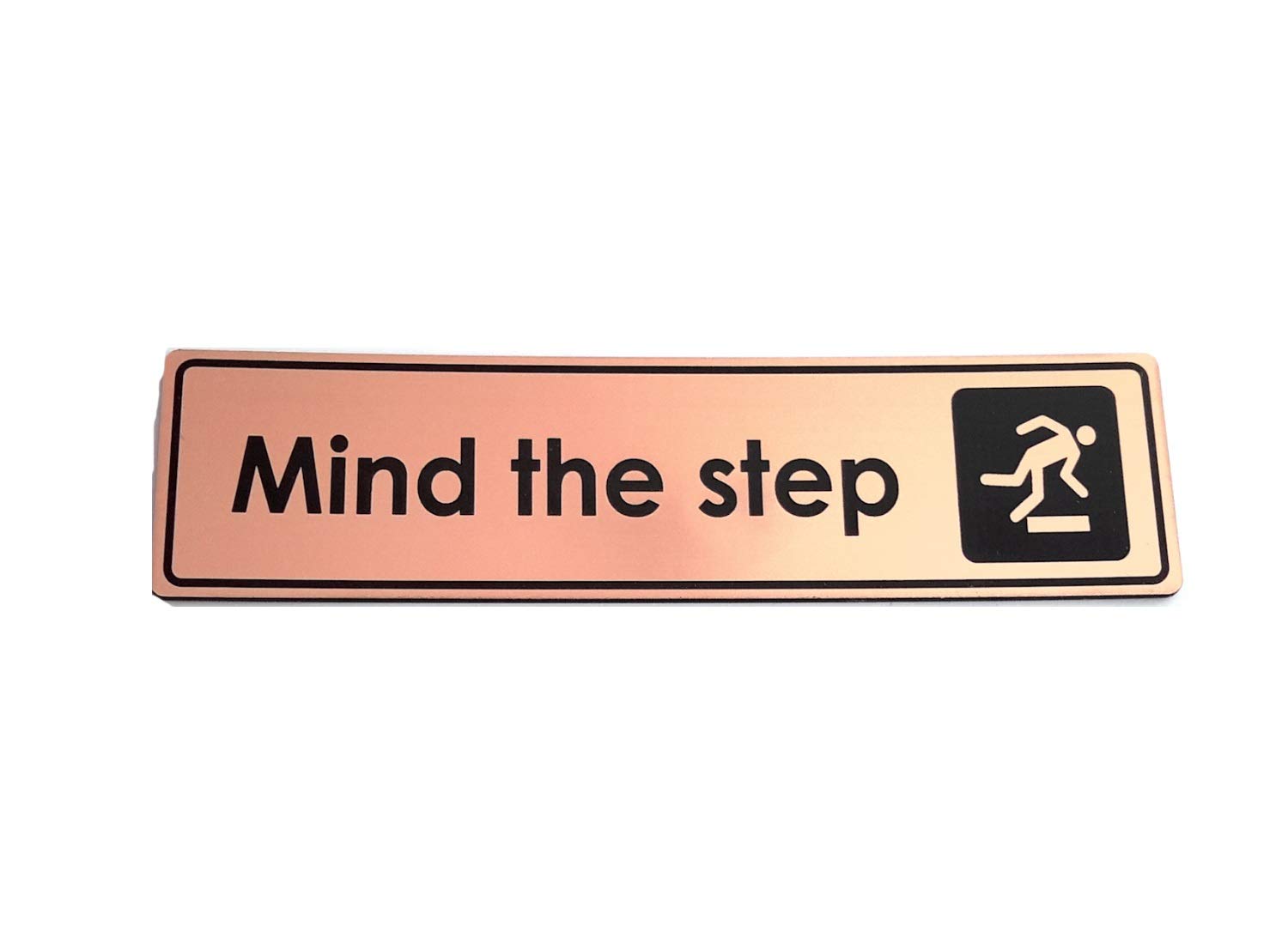 Mind The Step, Sign Copper Adhesive Sticker Notice, Metallic Copper Engraved Black with Universal Icon Symbol and Text (Size 7.5 inches x 2 inches)