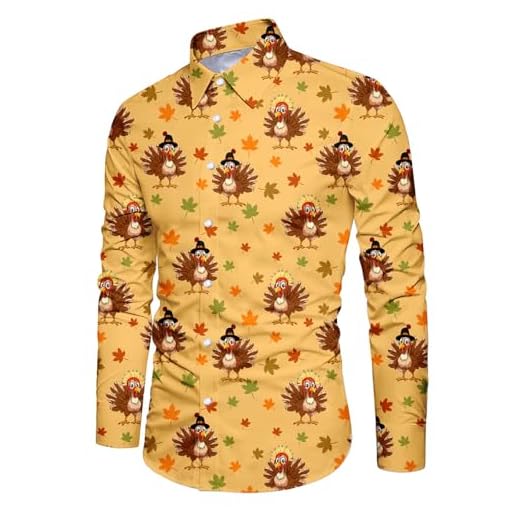 Men Thanksgiving Shirts Long Sleeves Turkey Graphic Slim Fit Clothes Tops Button Up Party Outfits Orange XL