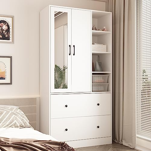 Hitow Wardrobe Armoire Closet with Mirror, Freestanding 2 Door Wardrobe Cabinet with 2 Drawers & Extendable Hanging Rod, Bedroom Armoire Cabinet Clothes Organizer, White (35.5