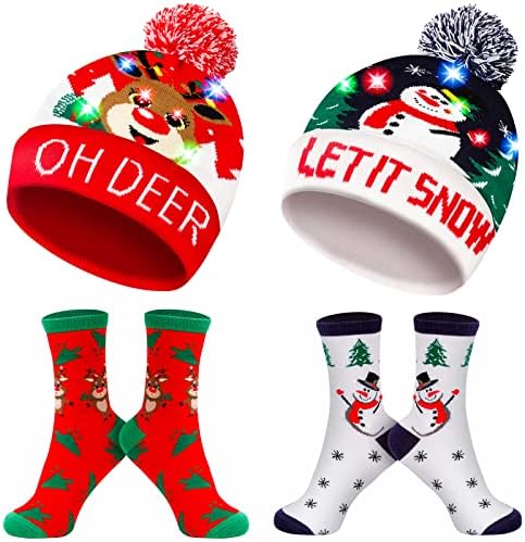 MGparty Christmas Hats Socks Winter LED Costume Light Up Beanie Knit Hat Crew Sock Holiday Party Favors for Adults Kids