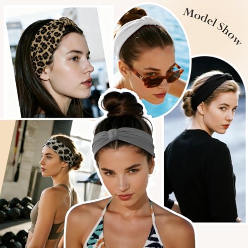 Image of HSEM Knotted Headbands for Women 6-Pack - Wide Soft Elastic Non-Slip Hair Bands - Thick Stretchy Sweat Bands for Washing Face, Makeup, Workout, Running, Spa, Yoga, Fashion, Leopard Print