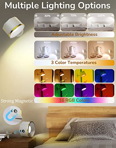 Cyhentoon Wall Sconces Set Of 2, Bedside Reading Wall Light Rechargeable Battery Operated 16 Colors Changeable, Spotlight Brightness Dimmable Magnetic Mounted 360° Rotate With 2 Remote #TOP1