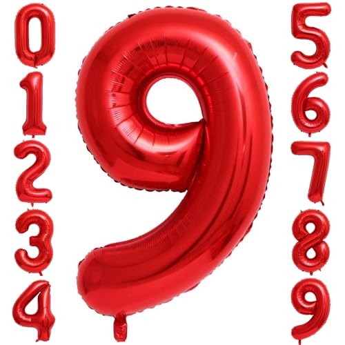 Image of Red 9 Number Balloons,40 Inch 9 Balloons Foil Mylar Helium Big Red 9 Balloon Number for Birthday Party Anniversary Decorations