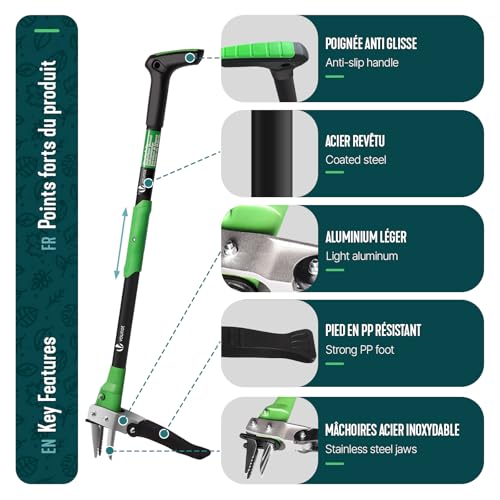 VOUNOT® Unkrautstecher, Unkraut entferner Gerät, Unkrautjäter mit langem Stiel und Edelstahlkrallen ideal für Garten und Rasen, Länge 100cm