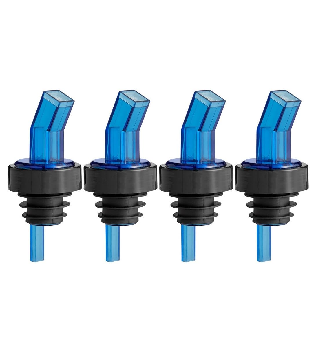 OCS Parts Liquor Pourers with Black Collar | 4-Pack | Blue | Screened Bottle Pourers for Liquor Bottles, Syrups and Juices