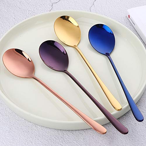 Cuillères à Soupe en Acier Inoxydable de Couleur Cuillères à Long Manche Cuillères à Soupe en Or Rose pour crème glacée Cuillères à dîner Cuillère de Service pour Riz/sal,(6pcs Purple)
