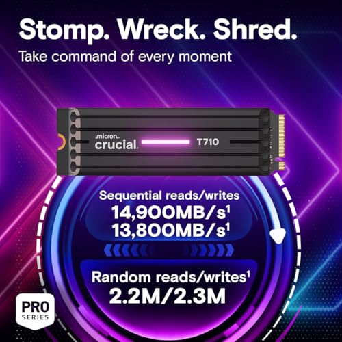 Image of Crucial T710 PCIe Gen5 NVMe 2TB SSD - Heatsink, Up to 14,900 MB /s, Laptop & Desktop Compatible (PC), for Creatives and Hardcore Gamers, Solid State Drive, Includes 1Mo Adobe CC - CT2000T710SSD5-01
