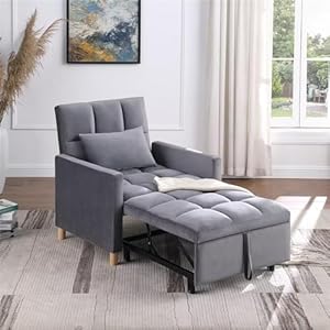 Convertible Sleeper Sofa Chair Bed, 3-in-1 Multi-Functional Velvet Couch with Pull-Out Bed, Modern Chaise Lounge Chair with Adjustable Backrest and Pillow for Living Room, Gray
