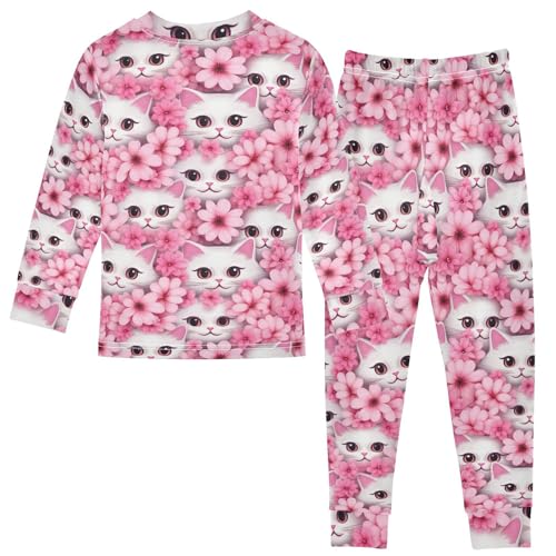 ALAZA Cat Kitten Flowers Pajama Set Pijamas Para Niños Long Sleeve Sleepwear2