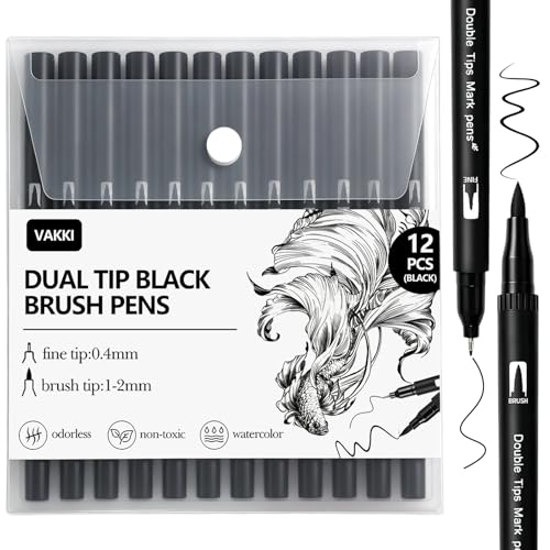 Vakki 12 Stück Filzstift Schwarz Dual Brush Pen Fineliner Schwarz(0.4mm) + Pinselspitze (1-2mm) Wasserbasis-Tinte Schnell trocknend Ideal zum Zeichnen Skizzieren