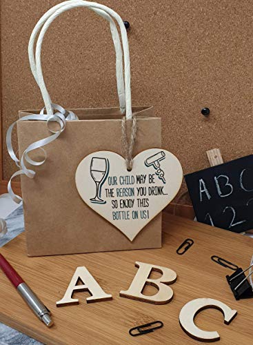 Handmade Wooden Hanging Heart Plaque Gift Our child may be the reason you drink novelty fun alcohol Thank You present card alternative bottle tag - Image 3