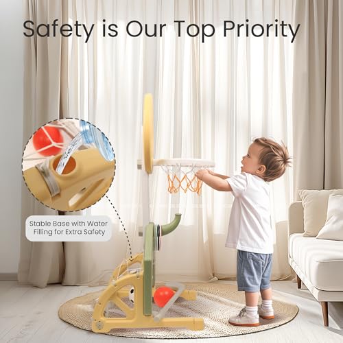 hoopyosms 3-in-1 Kinder Basketballkorb Set, Höhenverstellbarer Basketballständer mit Fußballtor und Ringwurf, Mini Basketballkorb, Kinder Spielgeräte für Indoor und Outdoor, Grün