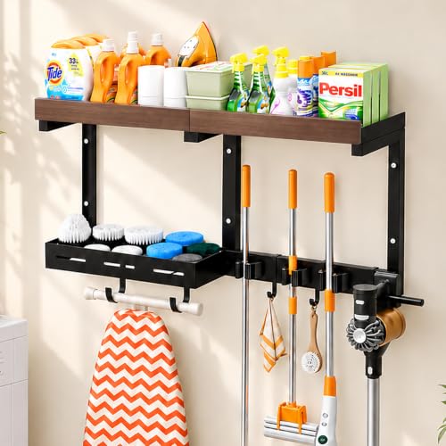 Broom and Mop Organizer with Storage Basket - Wall-Mounted Holder - 26.99 w/ Code + 40% Off Code C03UH08B - image 1
